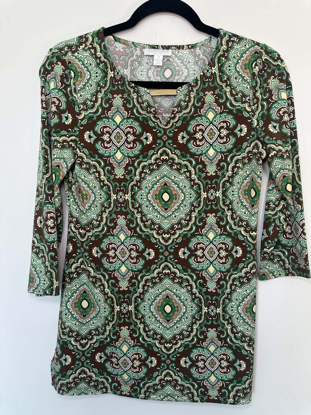 Charter Club Petite Green Brown Paisley V-Neck 3/4 Sleeve Top PS